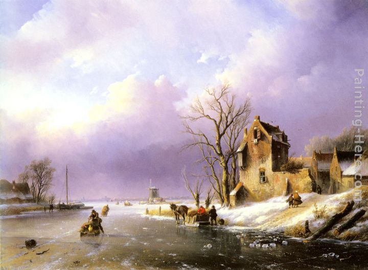 Winter Landscape with Figures on a Frozen River painting - Jan Jacob Coenraad Spohler Winter Landscape with Figures on a Frozen River art painting